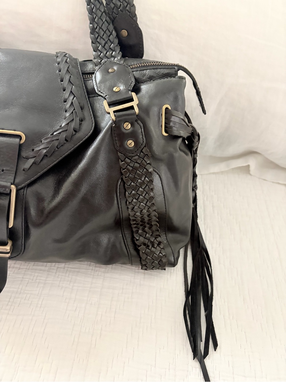 Cole Haan Black Braided Leather Tote Handbag “Sierra Spug” - Picture 3 of 11